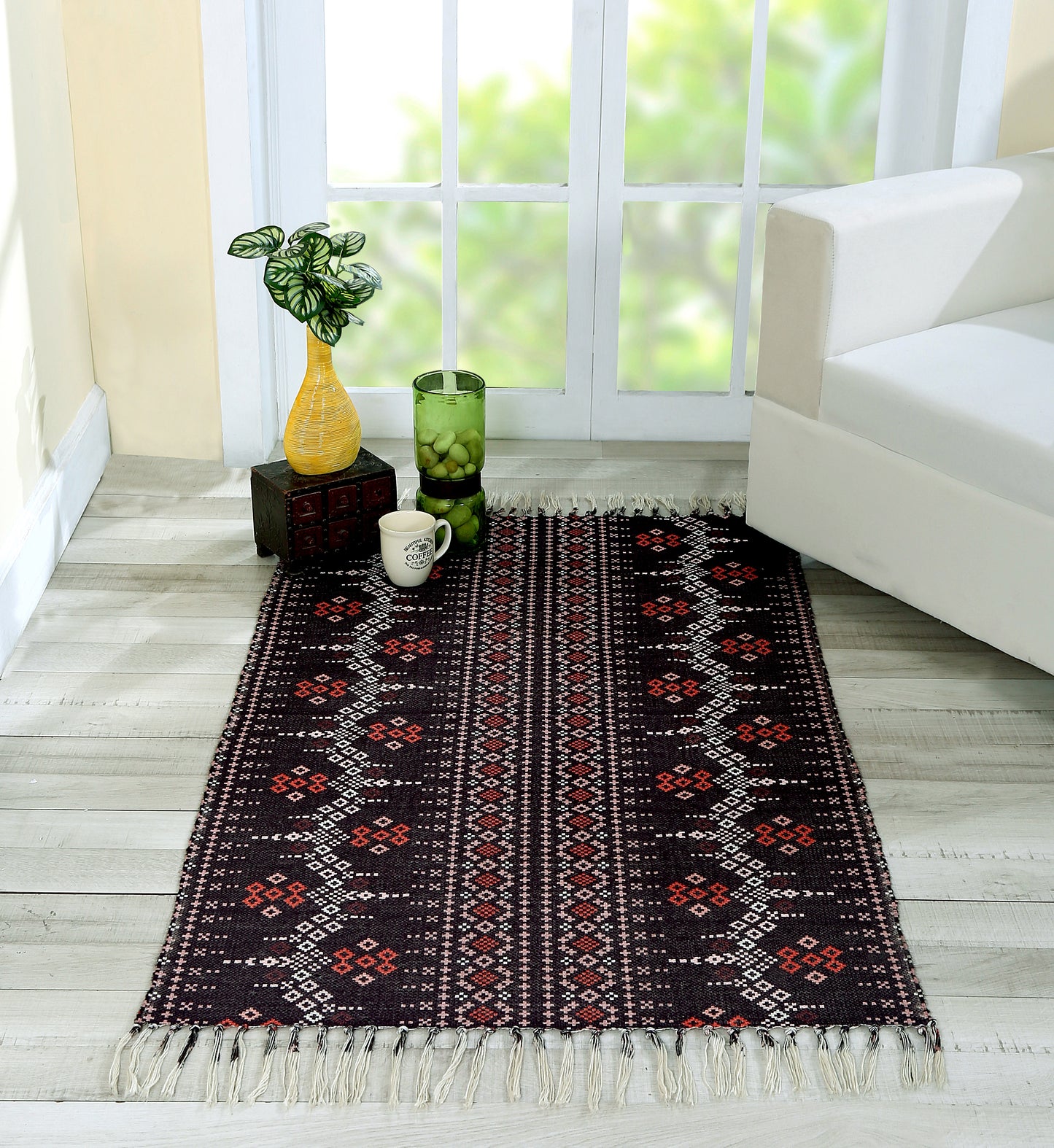 FABRIGAANZA Handmade Printed Dhurrie Carpet Rug Runner and Carpets for Living Room/Drawing Room/Bedroom/Home ( Multicolor Damask )