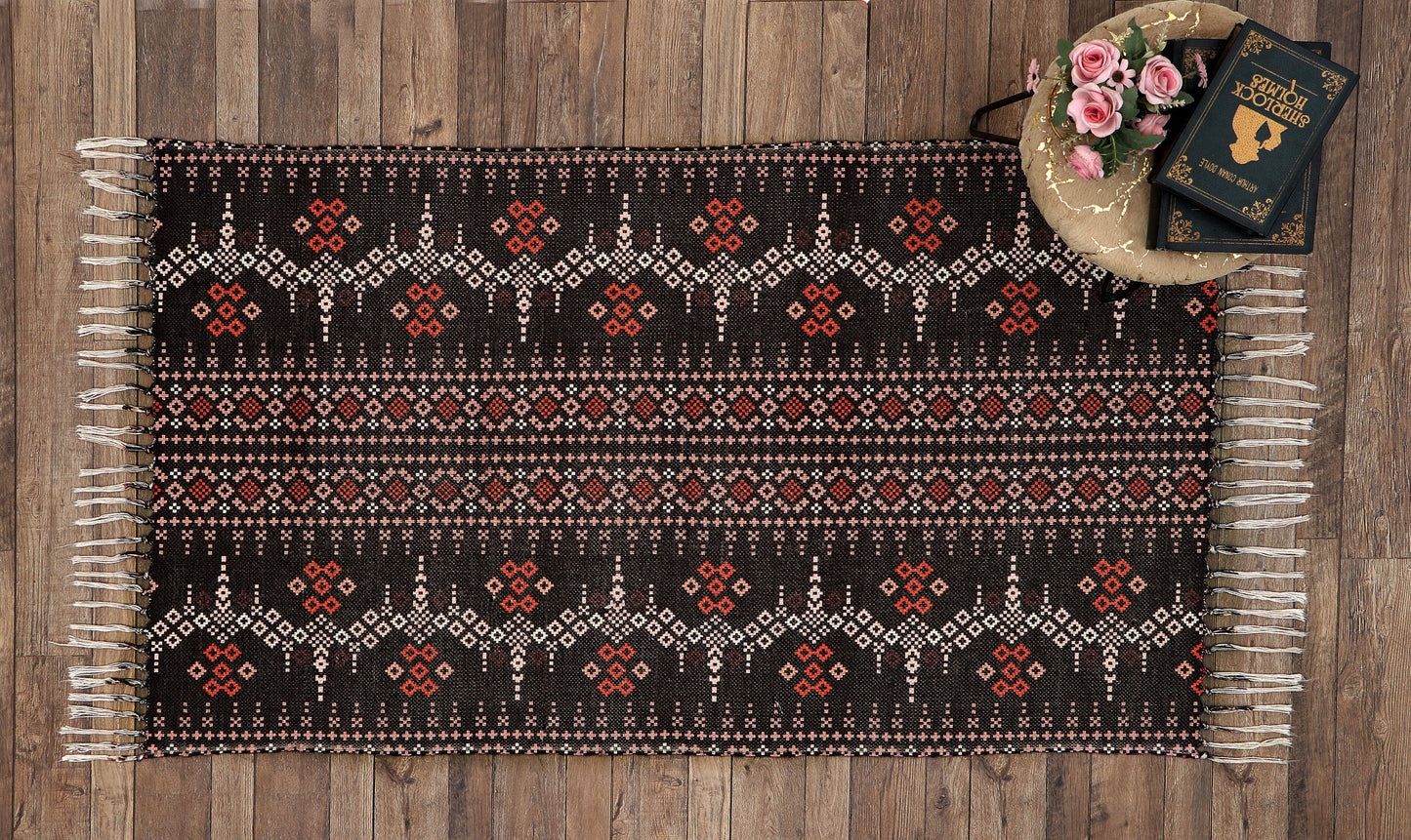 FABRIGAANZA Handmade Printed Dhurrie Carpet Rug Runner and Carpets for Living Room/Drawing Room/Bedroom/Home ( Multicolor Damask )