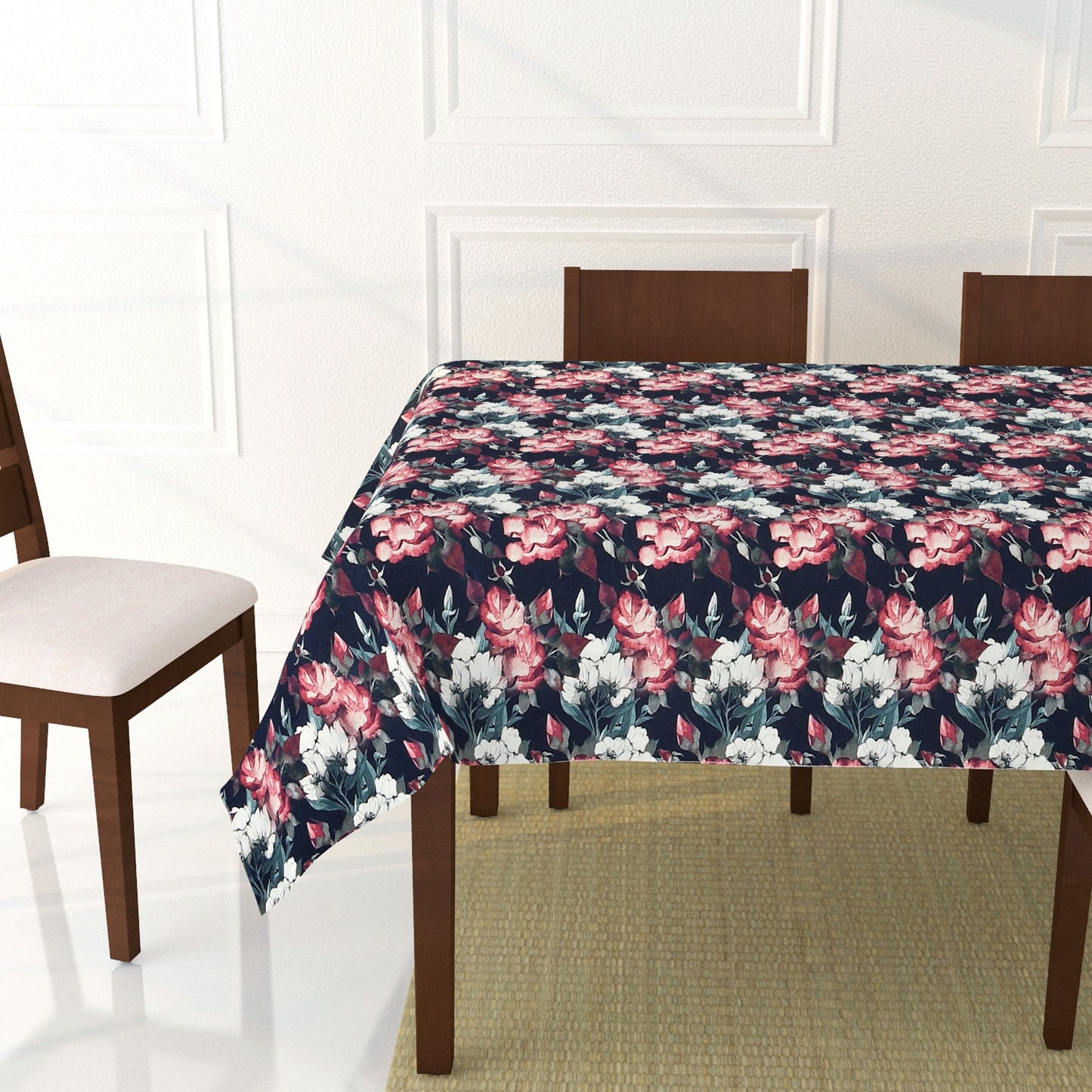 FABRIGAANZA Polyester Printed Tablecloth for 6 to 8 Seater Dining (140 cm x 240 cm) Black Floral