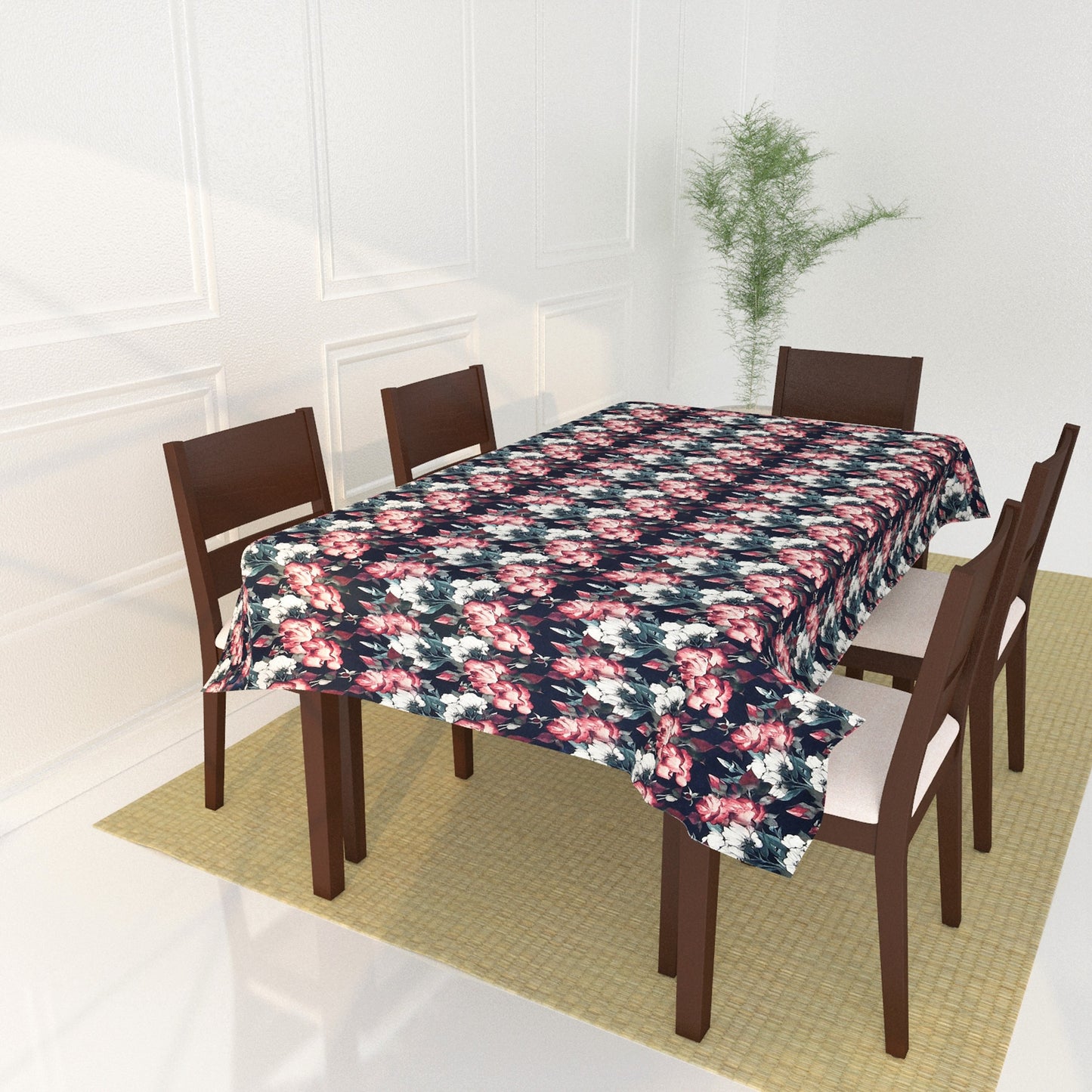FABRIGAANZA Polyester Printed Tablecloth for 6 to 8 Seater Dining (140 cm x 240 cm) Black Floral