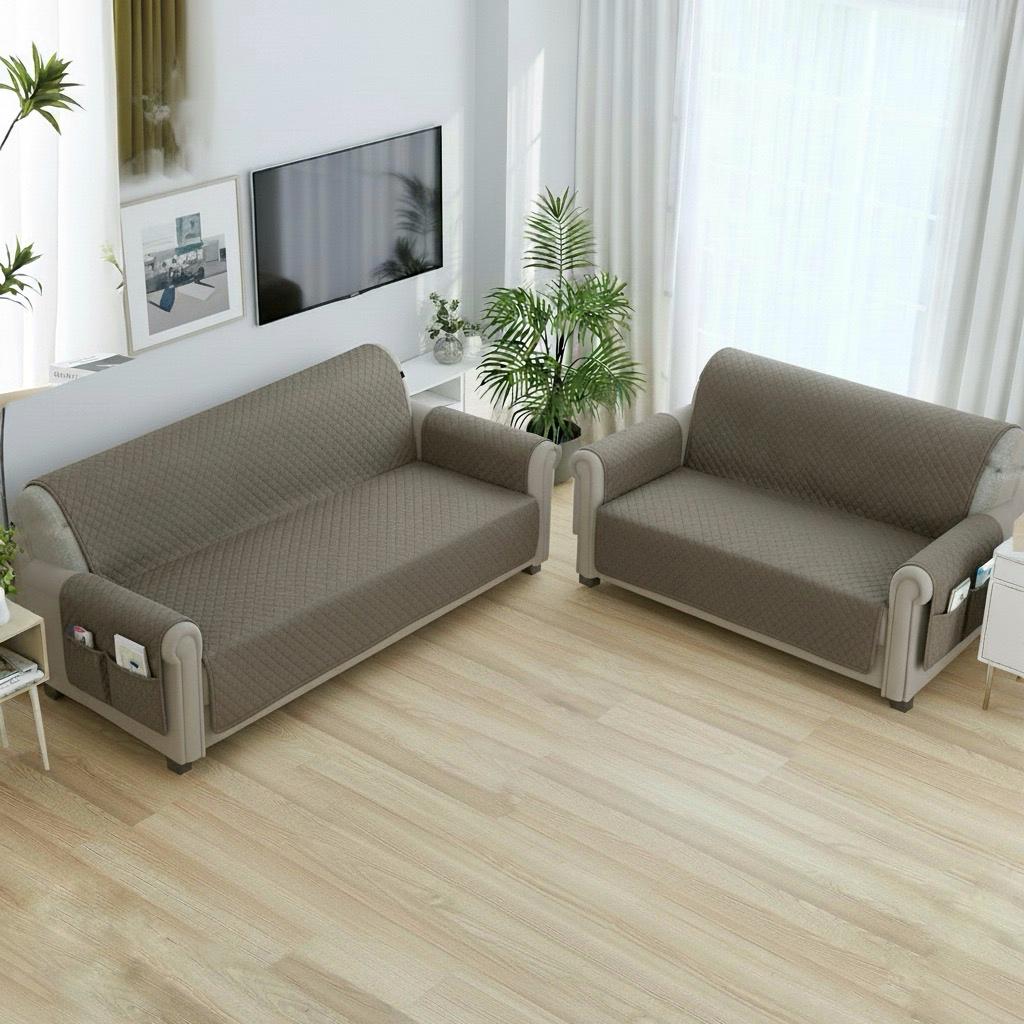 FABRIGAANZA Quilted Sofa Cover | Premium Armchair Protector with Anti-Slip Backing and Side Pockets, Soft & Washable Fabric | Ideal for Homes with Pets, Kids, Daily Use - Solid Beige