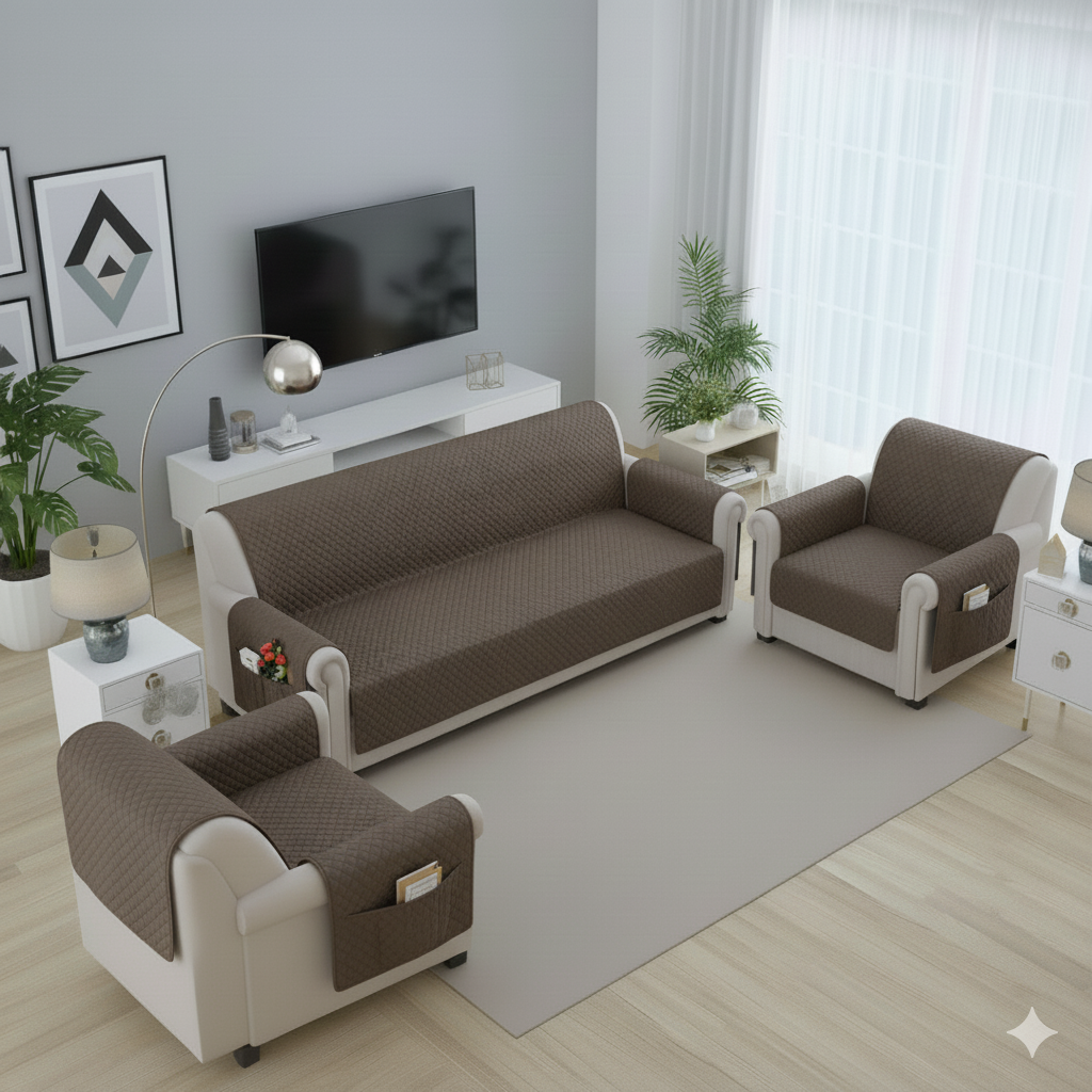 FABRIGAANZA Quilted Sofa Cover | Premium Armchair Protector with Anti-Slip Backing and Side Pockets, Soft & Washable Fabric | Ideal for Homes with Pets, Kids, Daily Use - Solid Beige