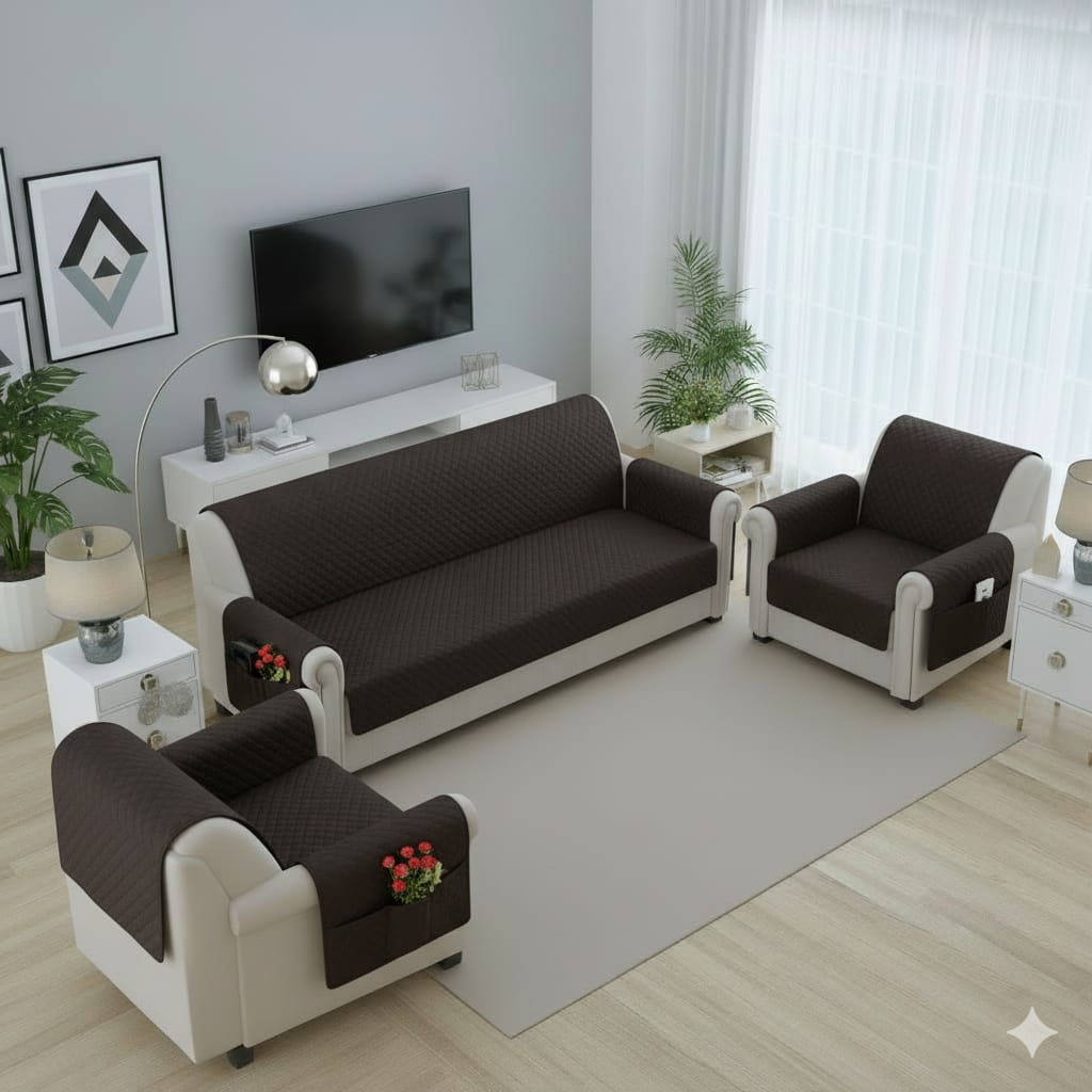 FABRIGAANZA Quilted Sofa Cover | Premium Armchair Protector with Anti-Slip Backing and Side Pockets, Soft & Washable Fabric | Ideal for Homes with Pets, Kids, Daily Use - Solid Brown