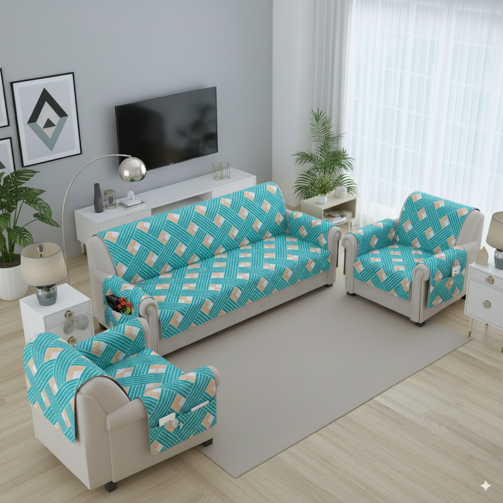 FABRIGAANZA Quilted Sofa Cover | Premium Armchair Protector with Anti-Slip Backing and Side Pockets, Soft & Washable Fabric | Ideal for Homes with Pets, Kids, Daily Use - Multicolor Blue