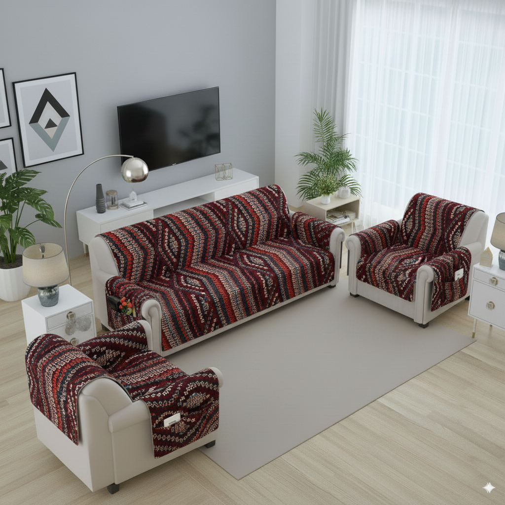 FABRIGAANZA Quilted Sofa Cover | Premium Armchair Protector with Anti-Slip Backing and Side Pockets, Soft & Washable Fabric | Ideal for Homes with Pets, Kids, Daily Use - Maroon