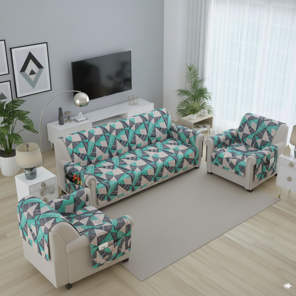 FABRIGAANZA Quilted Sofa Cover | Premium Armchair Protector with Anti-Slip Backing and Side Pockets, Soft & Washable Fabric | Ideal for Homes with Pets, Kids, Daily Use - Blue Geometric
