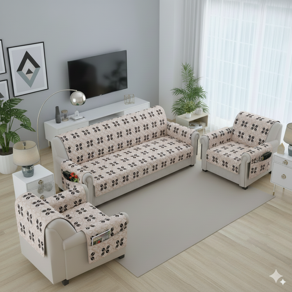 FABRIGAANZA Quilted Sofa Cover | Premium Armchair Protector with Anti-Slip Backing and Side Pockets, Soft & Washable Fabric | Ideal for Homes with Pets, Kids, Daily Use - Beige Damask