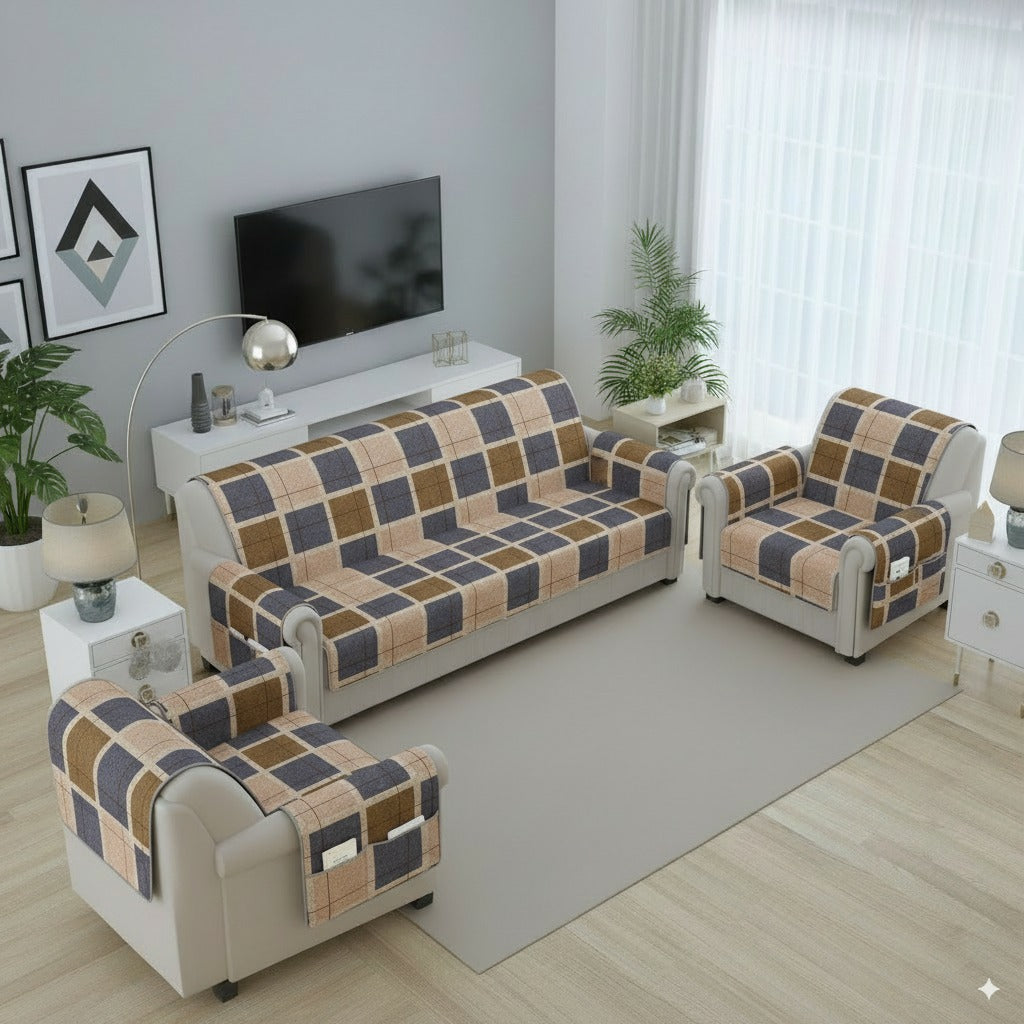 FABRIGAANZA Quilted Sofa Cover | Premium Armchair Protector with Anti-Slip Backing and Side Pockets, Soft & Washable Fabric | Ideal for Homes with Pets, Kids, Daily Use - Brown Check