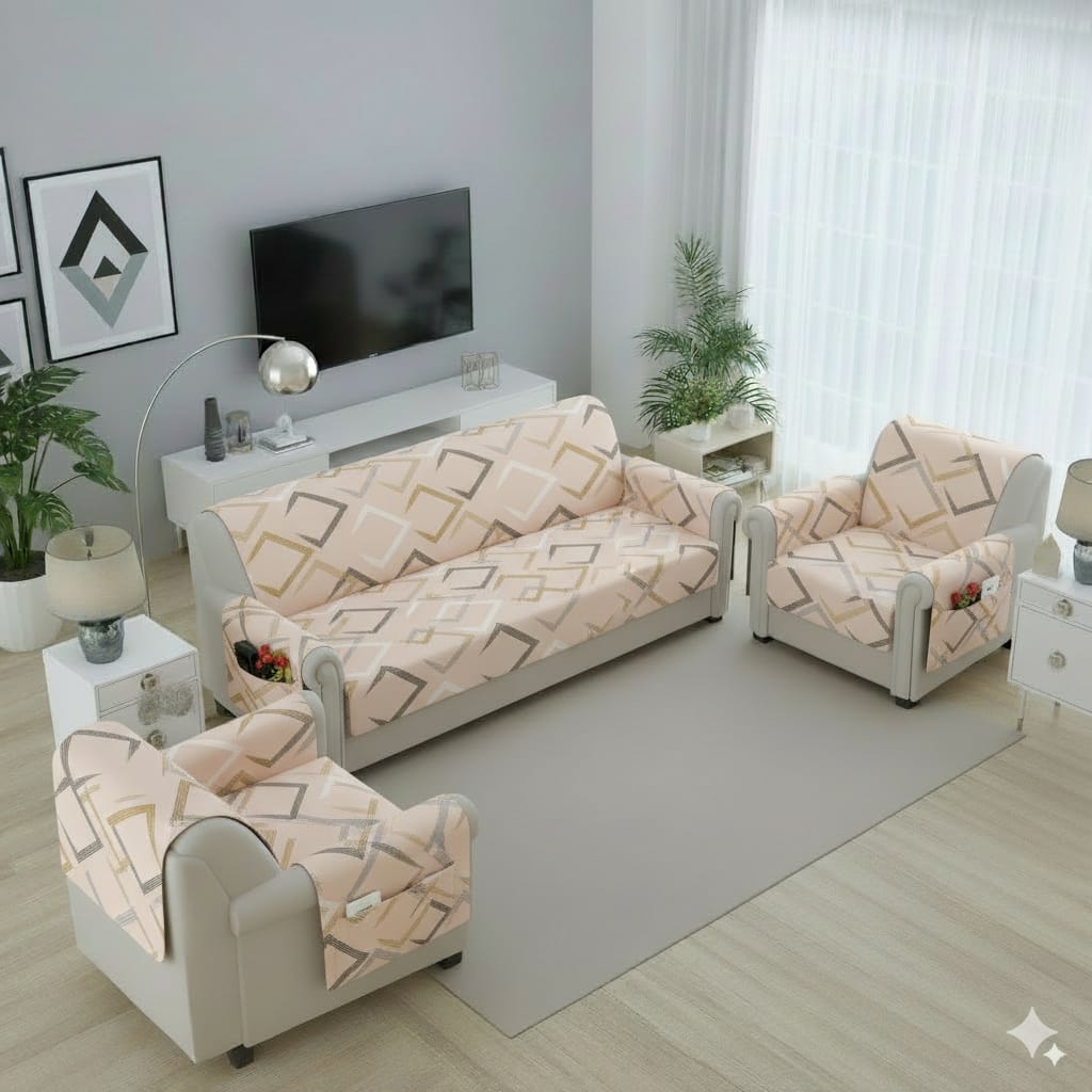 FABRIGAANZA Quilted Sofa Cover | Premium Armchair Protector with Anti-Slip Backing and Side Pockets, Soft & Washable Fabric | Ideal for Homes with Pets, Kids, Daily Use - Beige Abstract