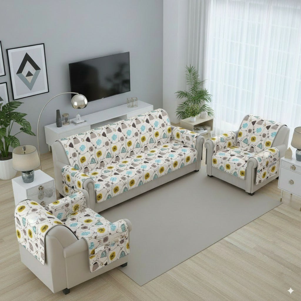 FABRIGAANZA Quilted Sofa Cover | Premium Armchair Protector with Anti-Slip Backing and Side Pockets, Soft & Washable Fabric | Ideal for Homes with Pets, Kids, Daily Use - White Floral