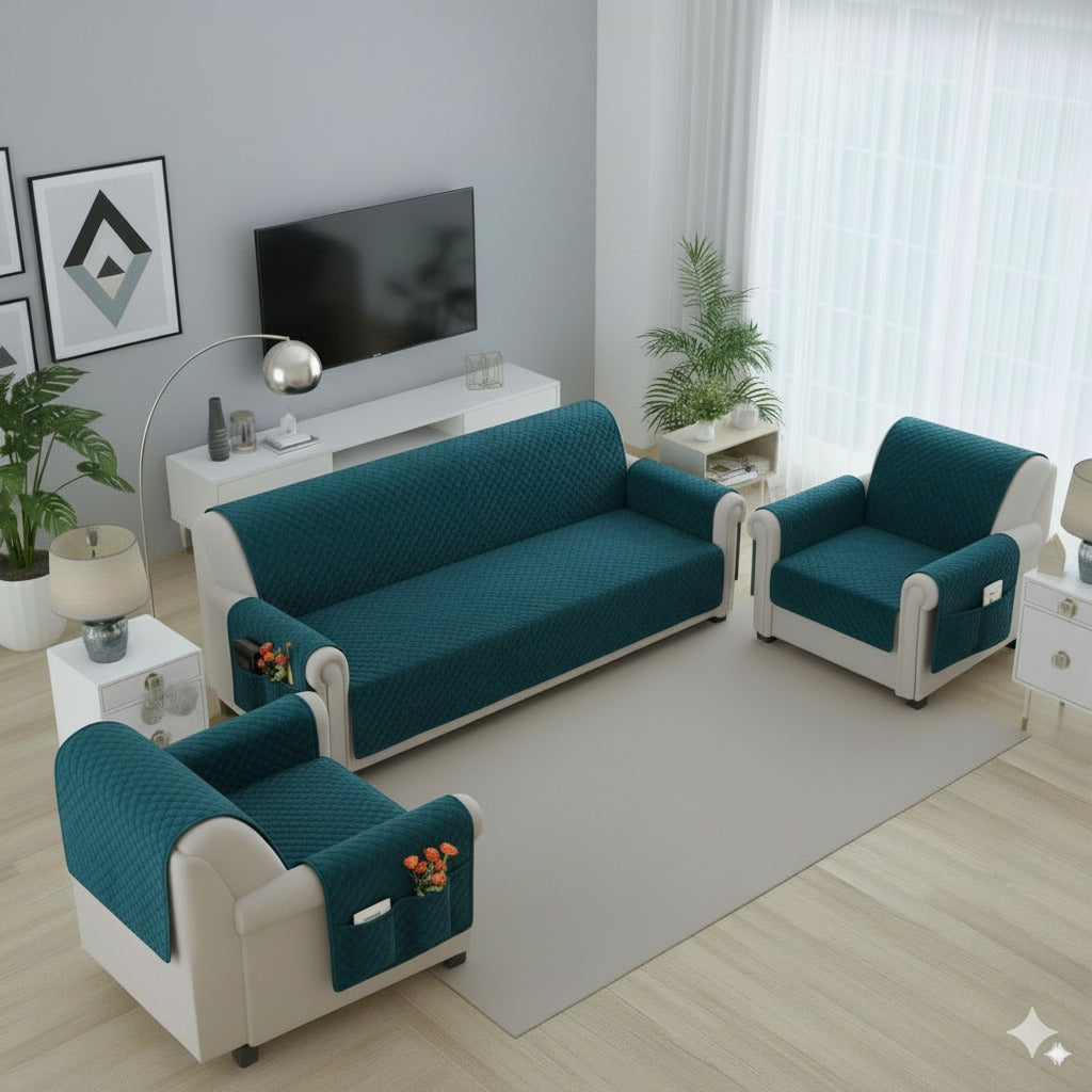 FABRIGAANZA Quilted Sofa Cover | Premium Armchair Protector with Anti-Slip Backing and Side Pockets, Soft & Washable Fabric | Ideal for Homes with Pets, Kids, Daily Use - Solid Teal