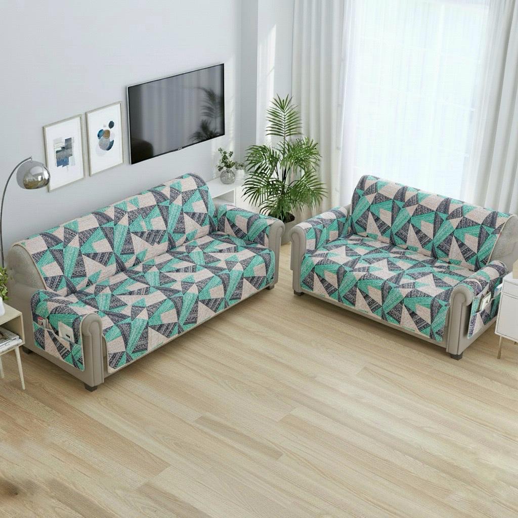 FABRIGAANZA Quilted Sofa Cover | Premium Armchair Protector with Anti-Slip Backing and Side Pockets, Soft & Washable Fabric | Ideal for Homes with Pets, Kids, Daily Use - Blue Geometric
