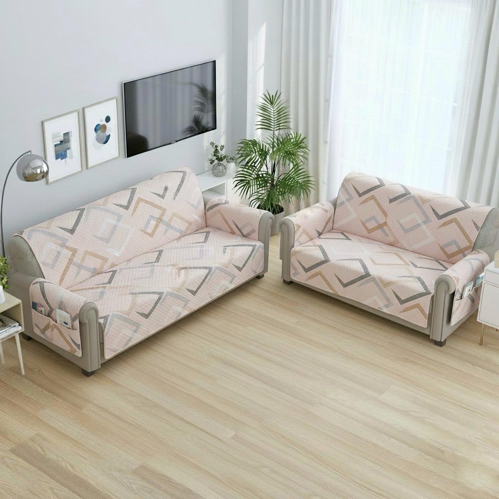 FABRIGAANZA Quilted Sofa Cover | Premium Armchair Protector with Anti-Slip Backing and Side Pockets, Soft & Washable Fabric | Ideal for Homes with Pets, Kids, Daily Use - Beige Abstract