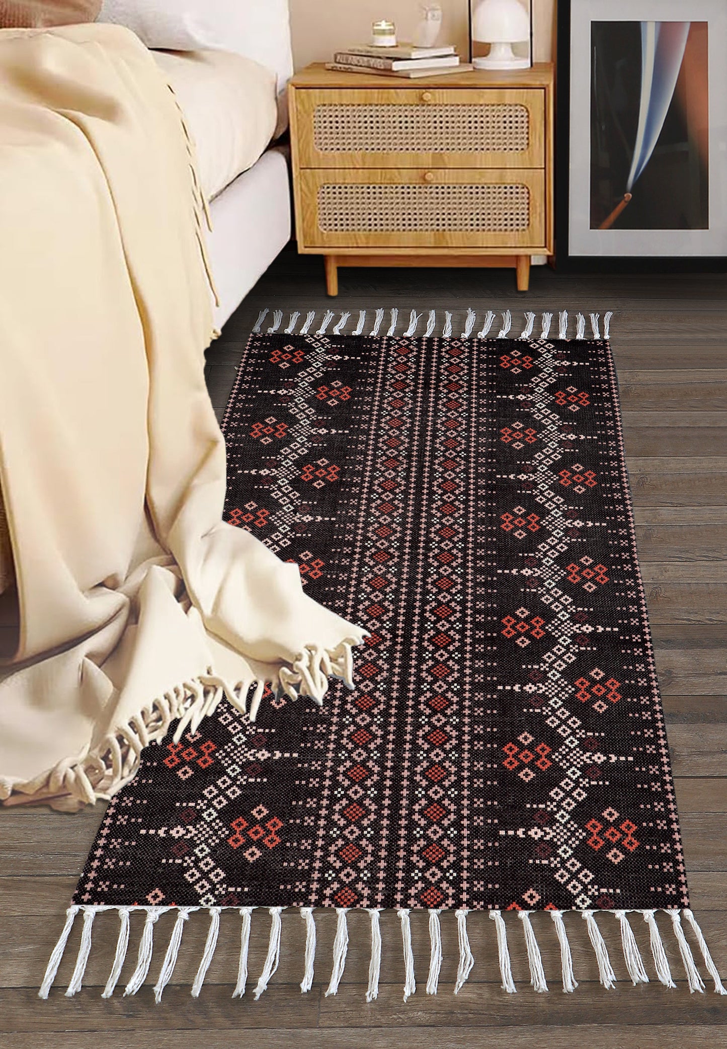 FABRIGAANZA Handmade Printed Dhurrie Carpet Rug Runner and Carpets for Living Room/Drawing Room/Bedroom/Home ( Multicolor Damask )