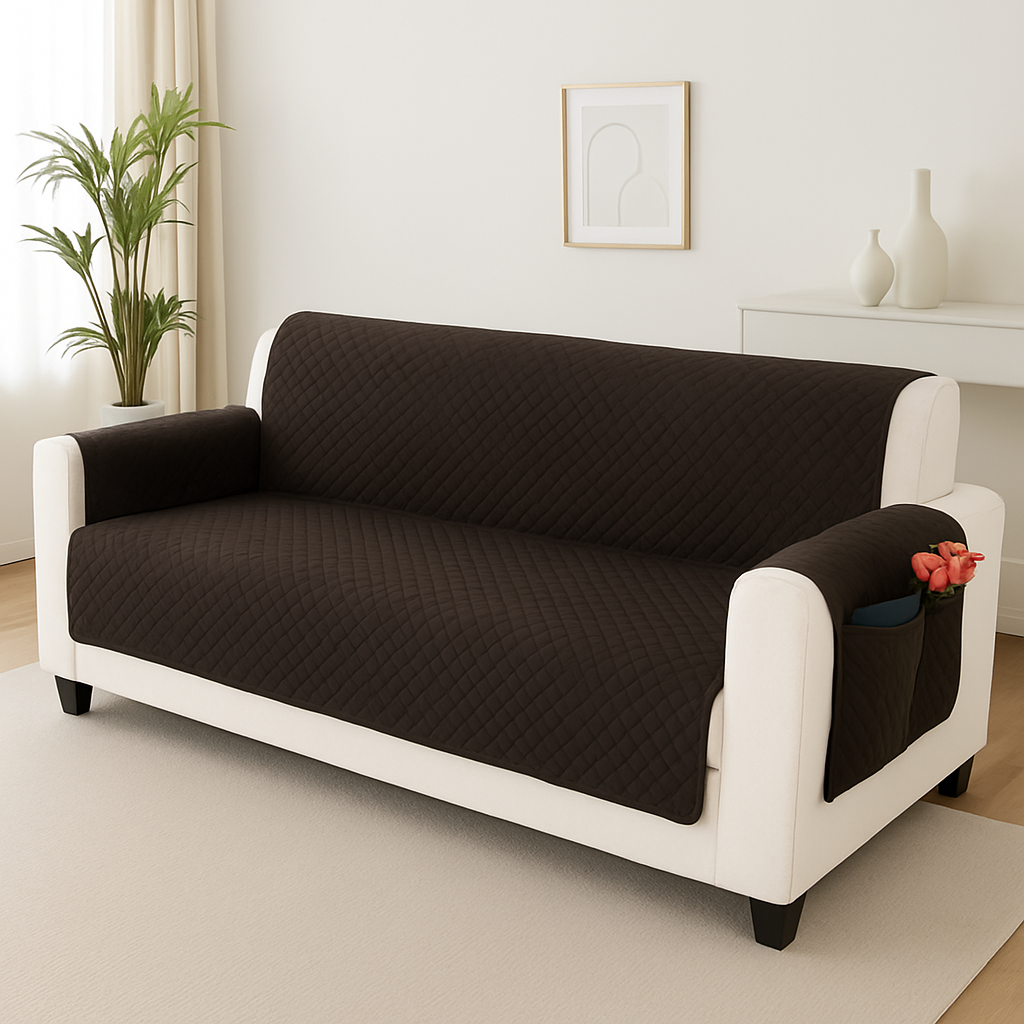 FABRIGAANZA Quilted Sofa Cover | Premium Armchair Protector with Anti-Slip Backing and Side Pockets, Soft & Washable Fabric | Ideal for Homes with Pets, Kids, Daily Use - Solid Brown