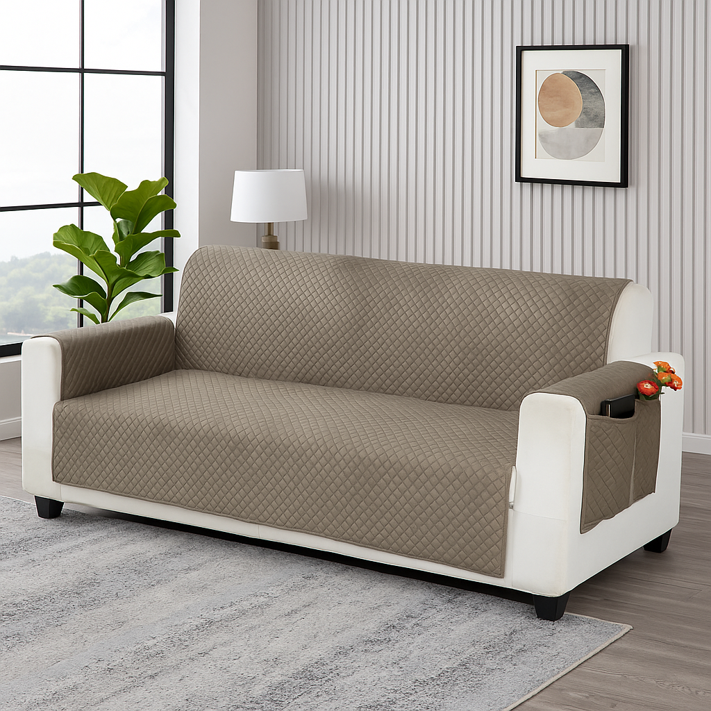FABRIGAANZA Quilted Sofa Cover | Premium Armchair Protector with Anti-Slip Backing and Side Pockets, Soft & Washable Fabric | Ideal for Homes with Pets, Kids, Daily Use - Solid Beige