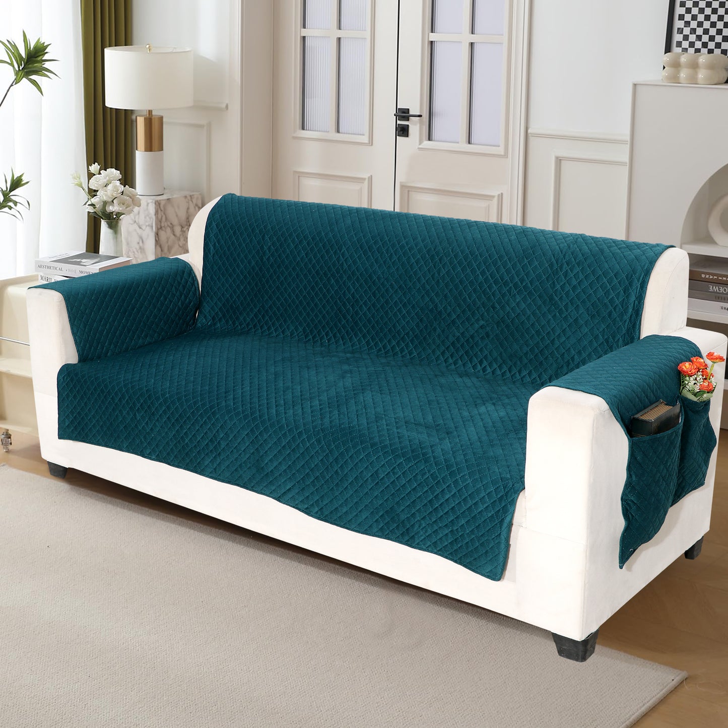 FABRIGAANZA Quilted Sofa Cover | Premium Armchair Protector with Anti-Slip Backing and Side Pockets, Soft & Washable Fabric | Ideal for Homes with Pets, Kids, Daily Use - Solid Teal