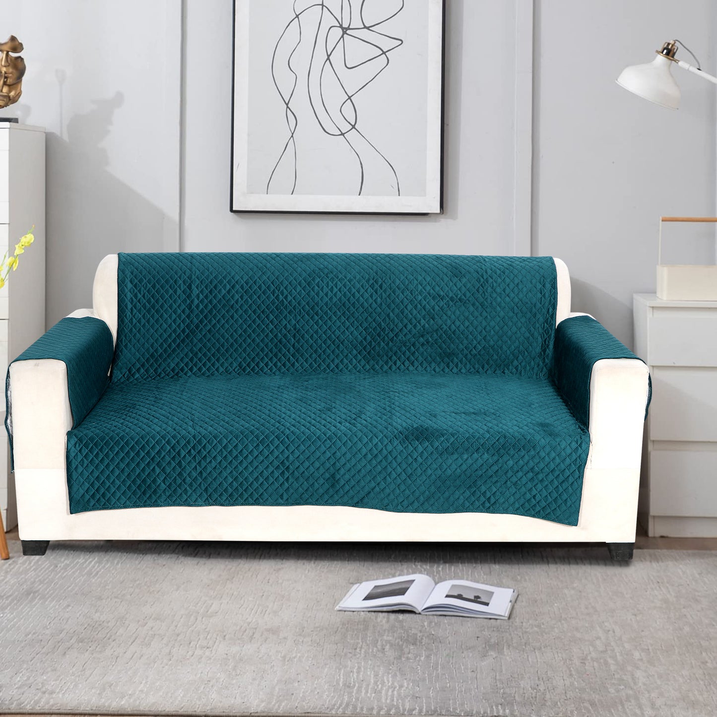 FABRIGAANZA Quilted Sofa Cover | Premium Armchair Protector with Anti-Slip Backing and Side Pockets, Soft & Washable Fabric | Ideal for Homes with Pets, Kids, Daily Use - Solid Teal