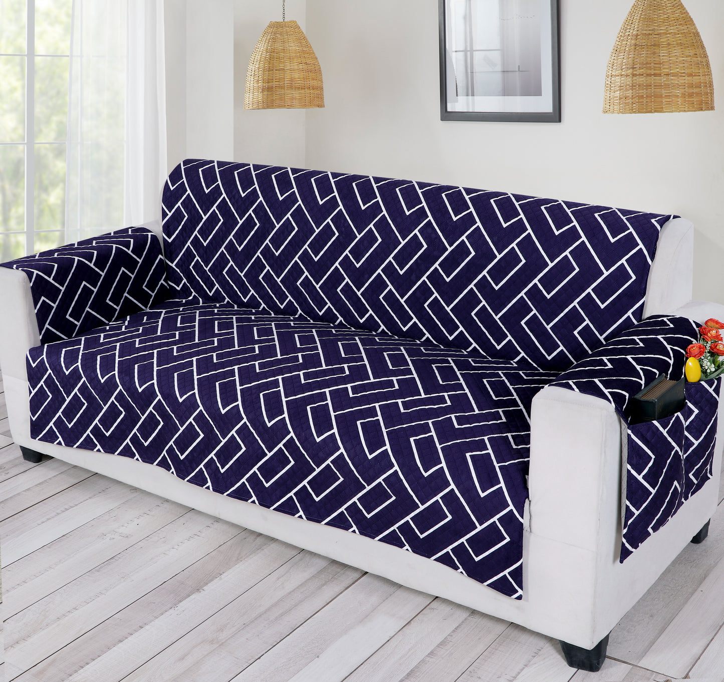 FABRIGAANZA Quilted Sofa Cover | Premium Armchair Protector with Anti-Slip Backing and Side Pockets, Soft & Washable Fabric | Ideal for Homes with Pets, Kids, Daily Use - Navy