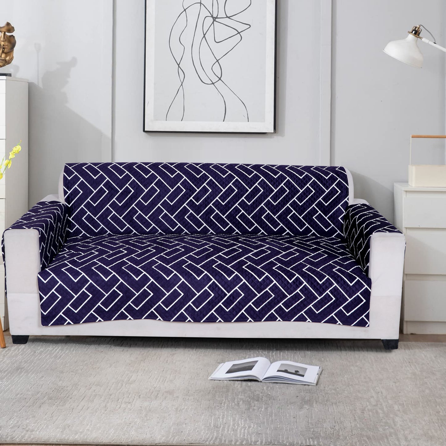 FABRIGAANZA Quilted Sofa Cover | Premium Armchair Protector with Anti-Slip Backing and Side Pockets, Soft & Washable Fabric | Ideal for Homes with Pets, Kids, Daily Use - Navy
