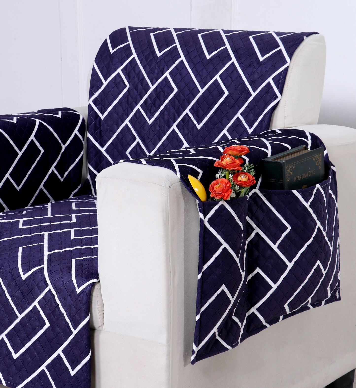 FABRIGAANZA Quilted Sofa Cover | Premium Armchair Protector with Anti-Slip Backing and Side Pockets, Soft & Washable Fabric | Ideal for Homes with Pets, Kids, Daily Use - Navy