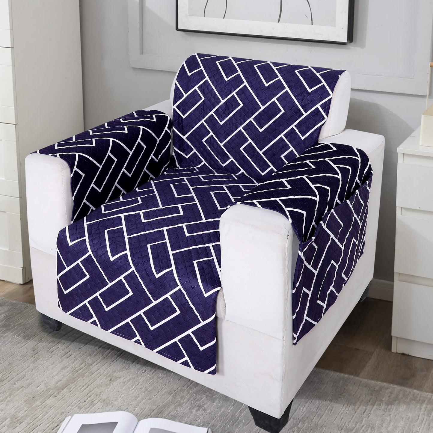 FABRIGAANZA Quilted Sofa Cover | Premium Armchair Protector with Anti-Slip Backing and Side Pockets, Soft & Washable Fabric | Ideal for Homes with Pets, Kids, Daily Use - Navy