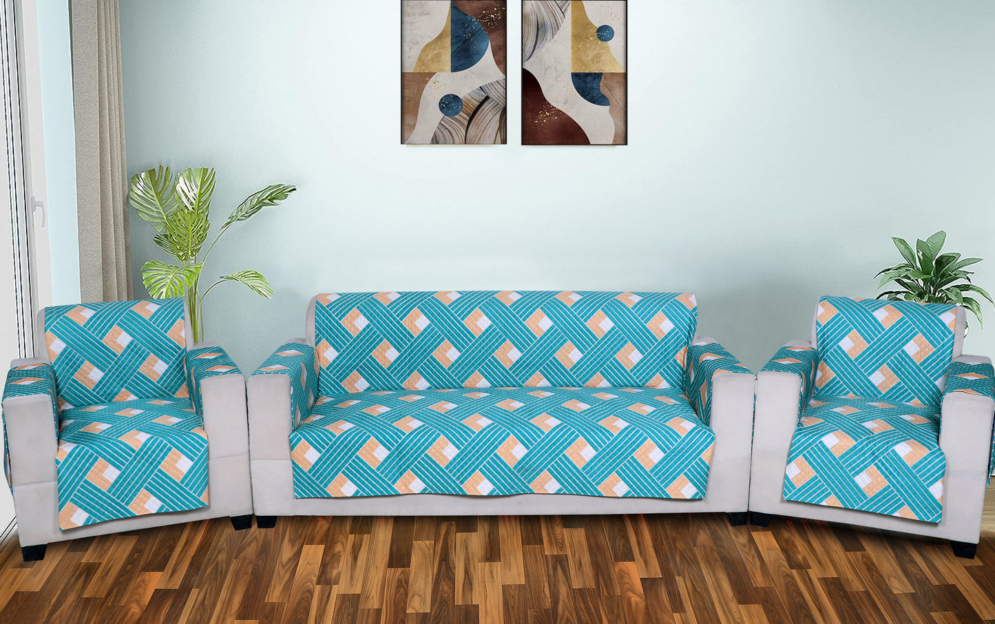 FABRIGAANZA Quilted Sofa Cover | Premium Armchair Protector with Anti-Slip Backing and Side Pockets, Soft & Washable Fabric | Ideal for Homes with Pets, Kids, Daily Use - Multicolor Blue