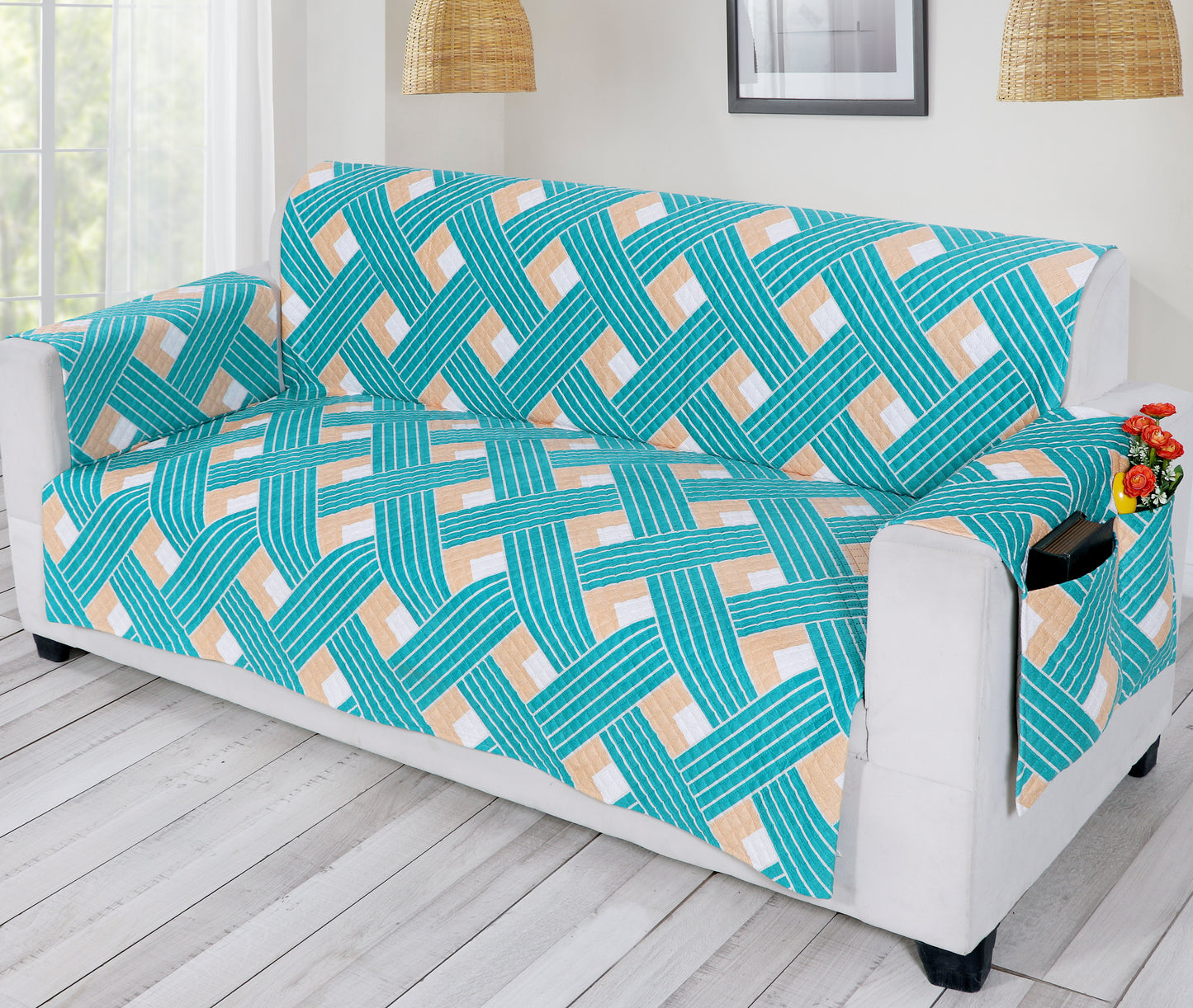 FABRIGAANZA Quilted Sofa Cover | Premium Armchair Protector with Anti-Slip Backing and Side Pockets, Soft & Washable Fabric | Ideal for Homes with Pets, Kids, Daily Use - Multicolor Blue