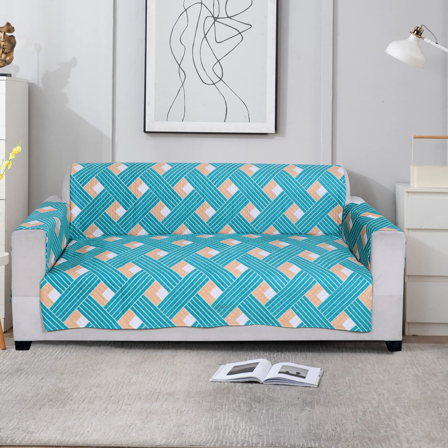 FABRIGAANZA Quilted Sofa Cover | Premium Armchair Protector with Anti-Slip Backing and Side Pockets, Soft & Washable Fabric | Ideal for Homes with Pets, Kids, Daily Use - Multicolor Blue