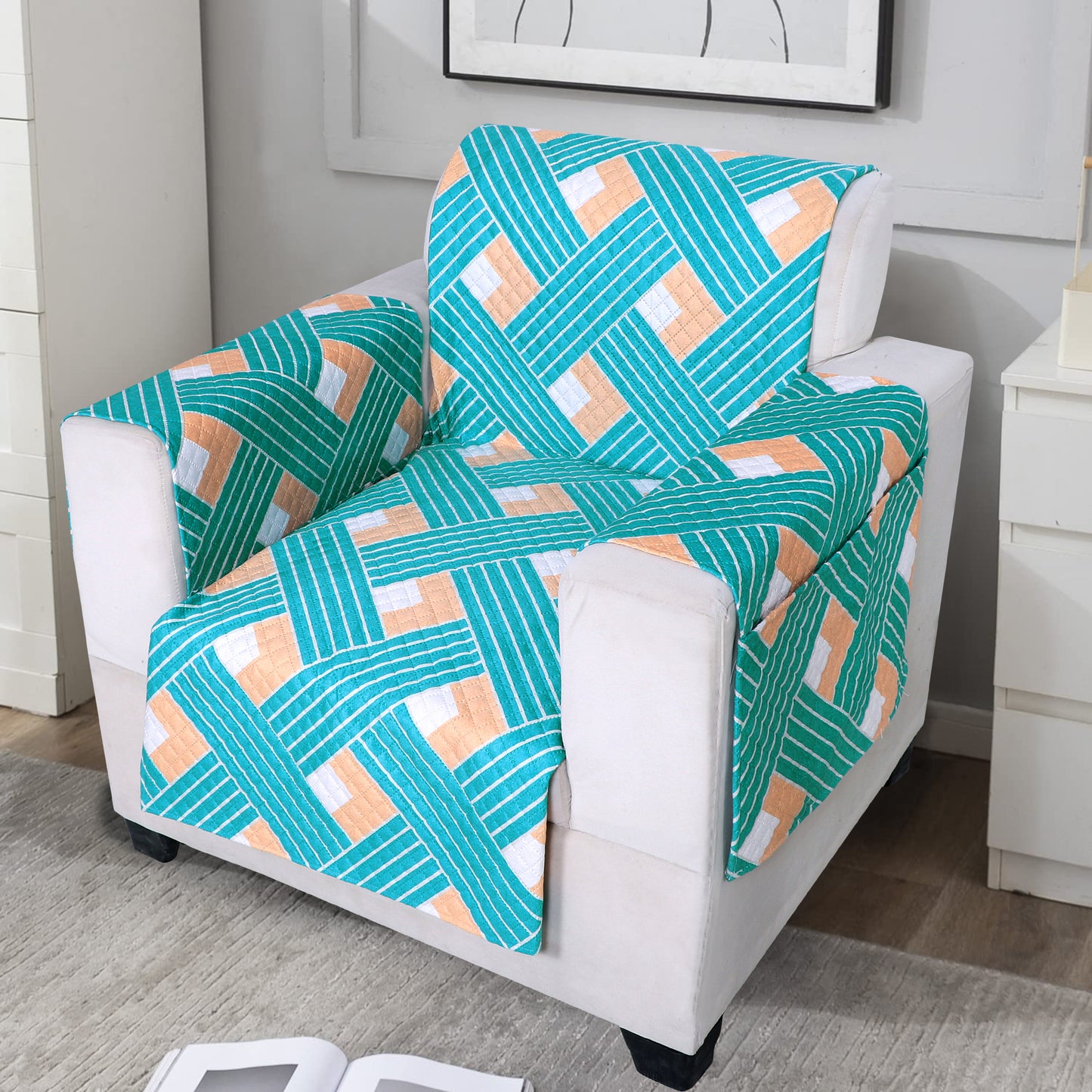 FABRIGAANZA Quilted Sofa Cover | Premium Armchair Protector with Anti-Slip Backing and Side Pockets, Soft & Washable Fabric | Ideal for Homes with Pets, Kids, Daily Use - Multicolor Blue