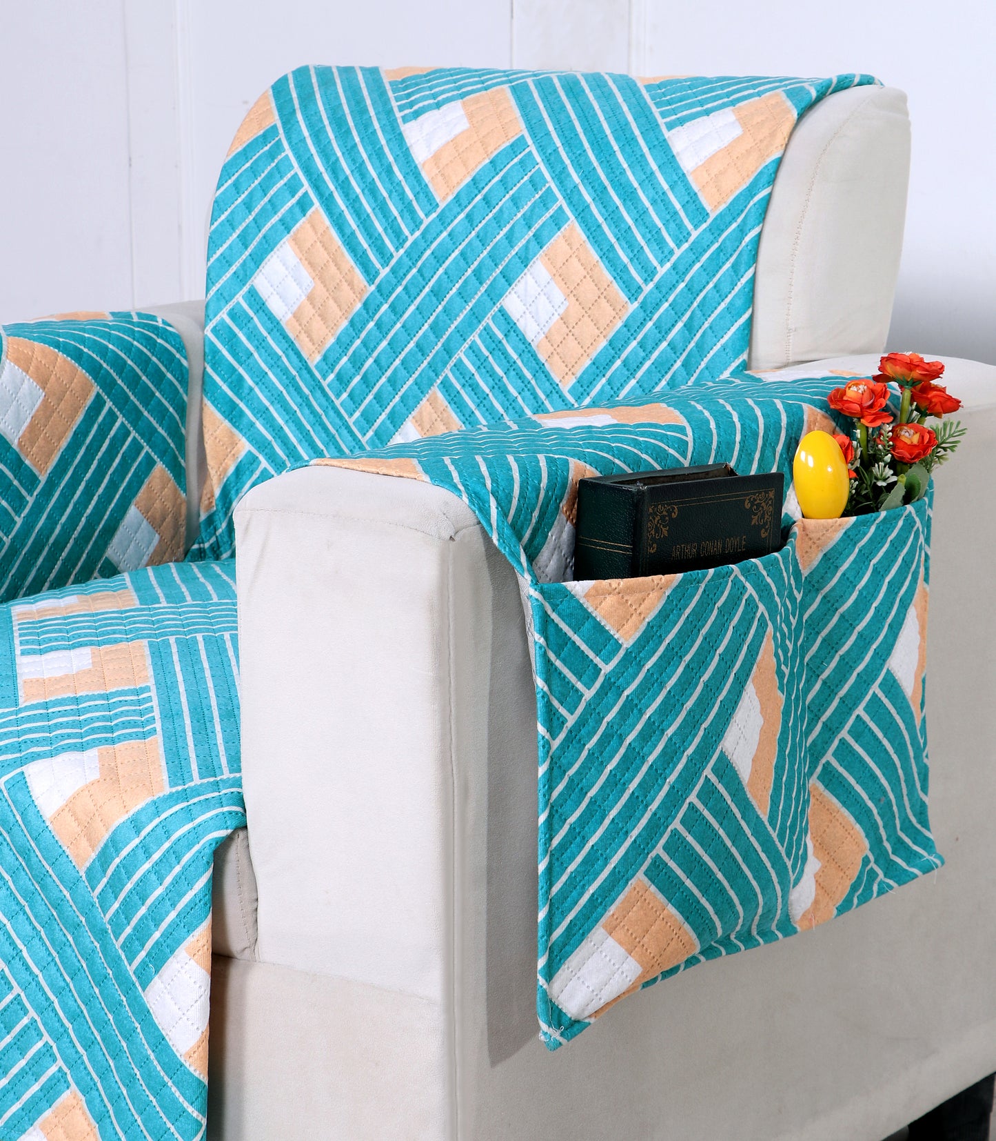 FABRIGAANZA Quilted Sofa Cover | Premium Armchair Protector with Anti-Slip Backing and Side Pockets, Soft & Washable Fabric | Ideal for Homes with Pets, Kids, Daily Use - Multicolor Blue