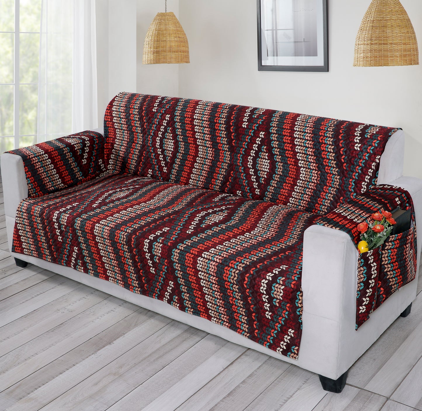 FABRIGAANZA Quilted Sofa Cover | Premium Armchair Protector with Anti-Slip Backing and Side Pockets, Soft & Washable Fabric | Ideal for Homes with Pets, Kids, Daily Use - Maroon