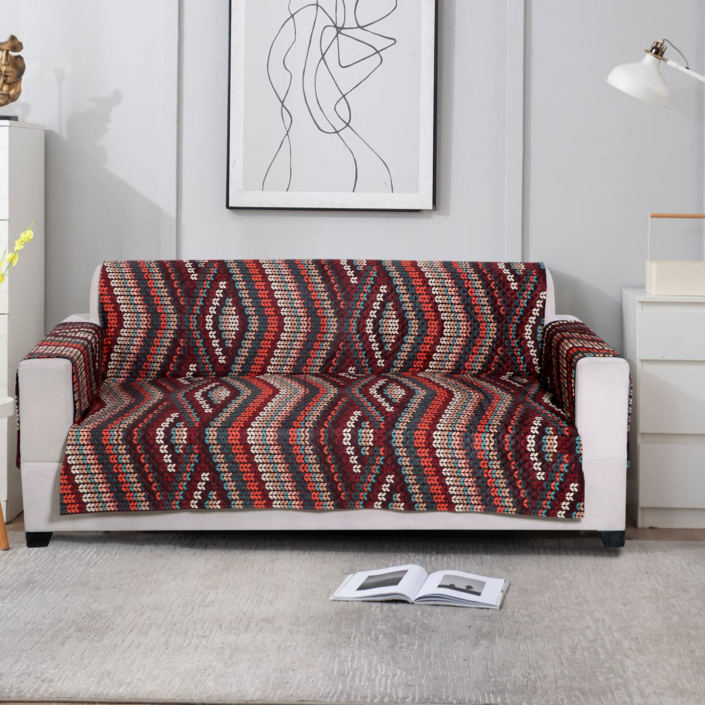 FABRIGAANZA Quilted Sofa Cover | Premium Armchair Protector with Anti-Slip Backing and Side Pockets, Soft & Washable Fabric | Ideal for Homes with Pets, Kids, Daily Use - Maroon