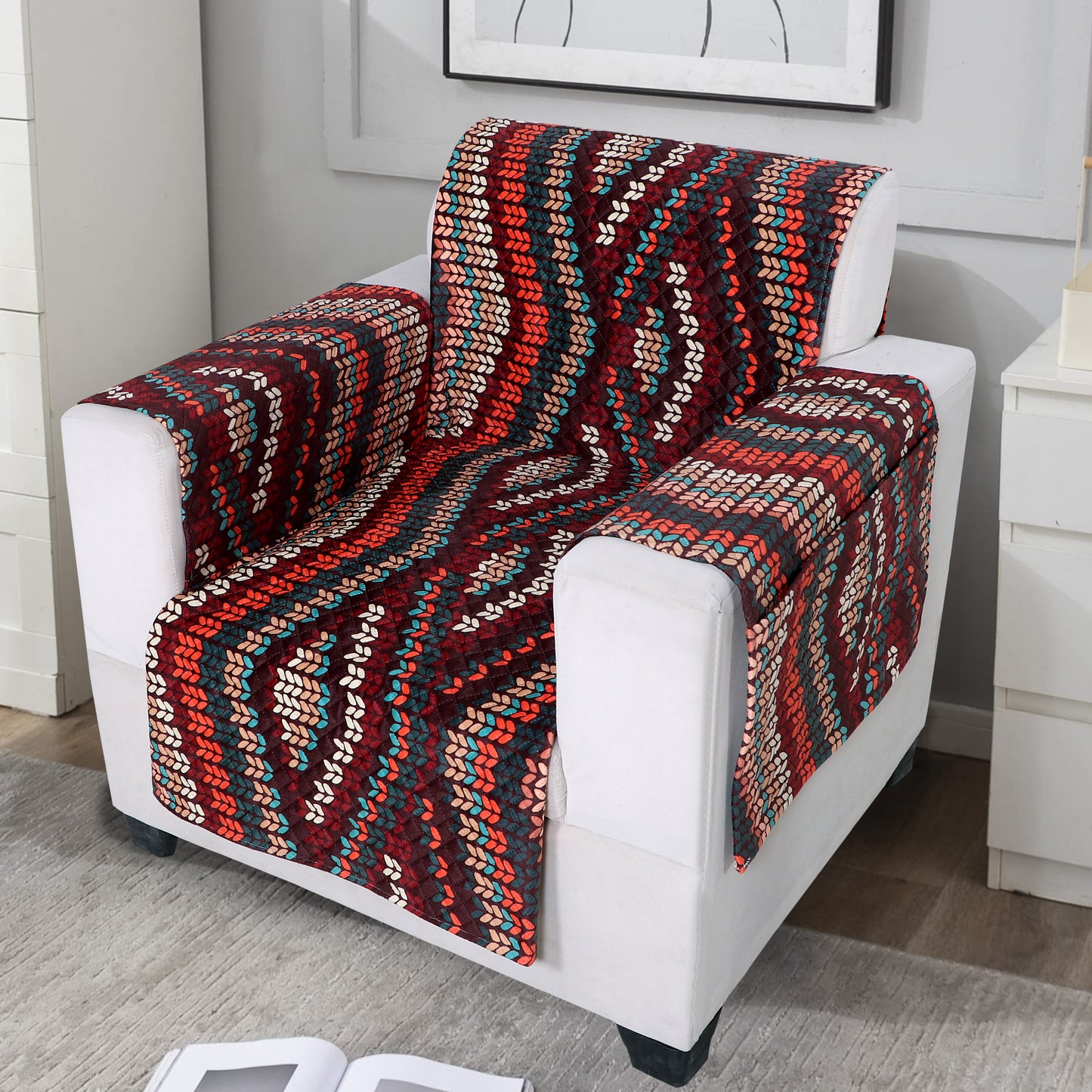 FABRIGAANZA Quilted Sofa Cover | Premium Armchair Protector with Anti-Slip Backing and Side Pockets, Soft & Washable Fabric | Ideal for Homes with Pets, Kids, Daily Use - Maroon