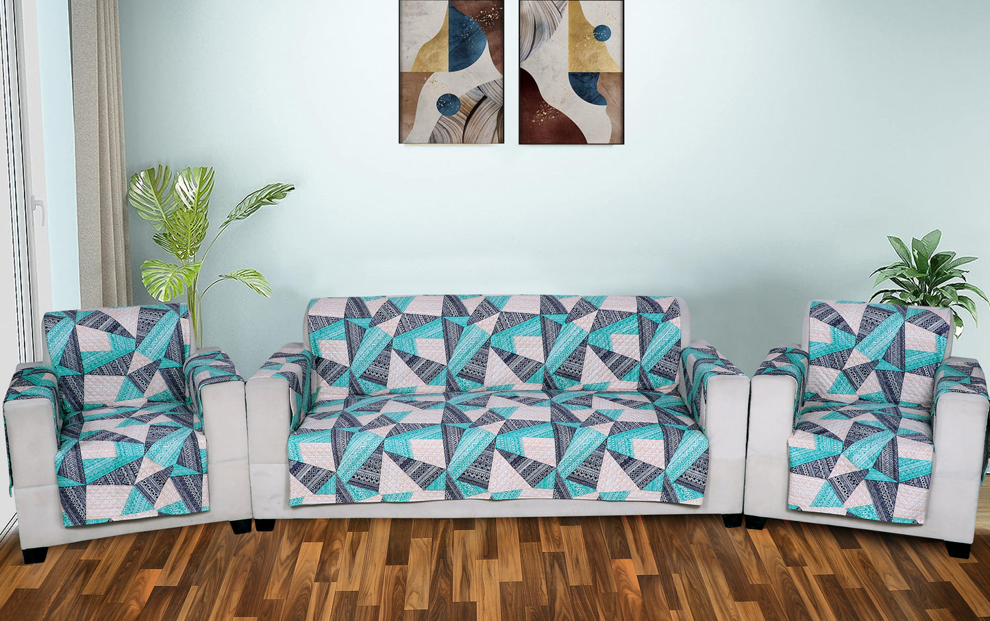 FABRIGAANZA Quilted Sofa Cover | Premium Armchair Protector with Anti-Slip Backing and Side Pockets, Soft & Washable Fabric | Ideal for Homes with Pets, Kids, Daily Use - Blue Geometric