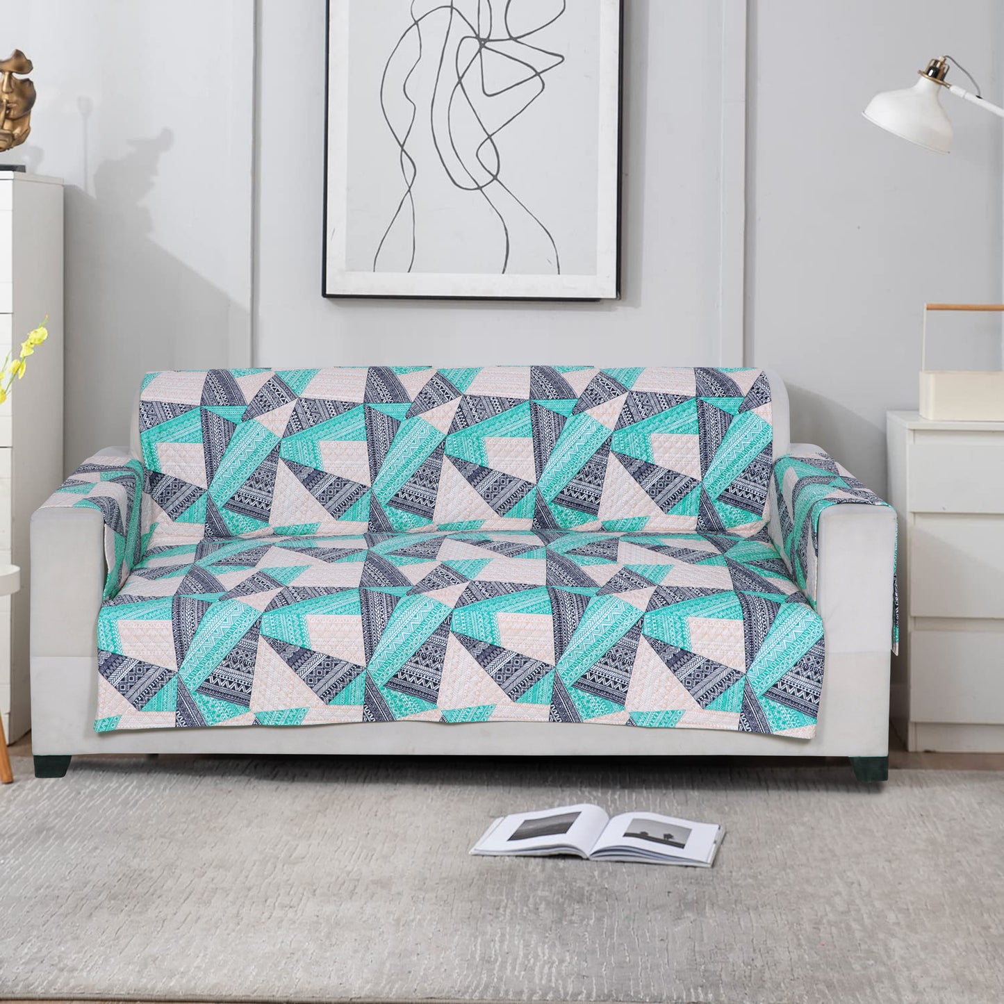 FABRIGAANZA Quilted Sofa Cover | Premium Armchair Protector with Anti-Slip Backing and Side Pockets, Soft & Washable Fabric | Ideal for Homes with Pets, Kids, Daily Use - Blue Geometric