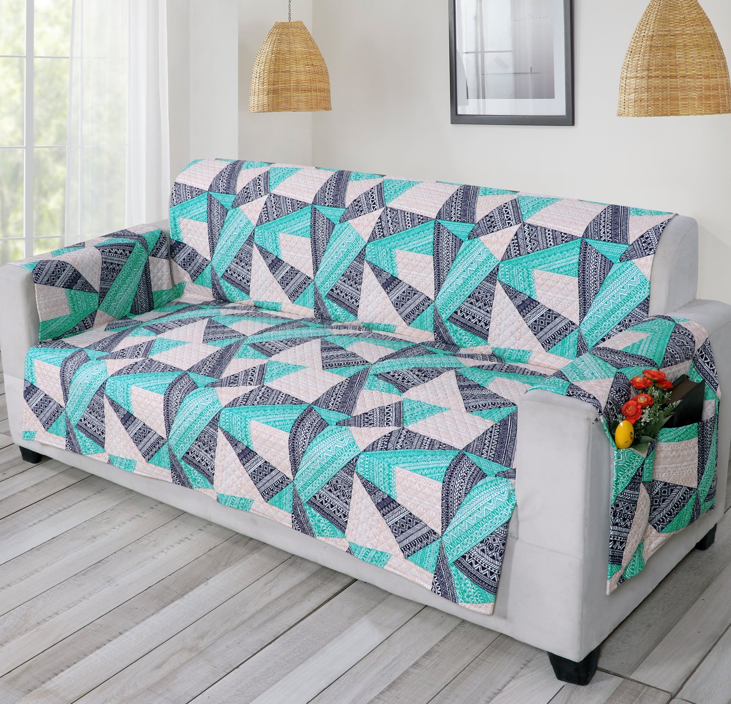 FABRIGAANZA Quilted Sofa Cover | Premium Armchair Protector with Anti-Slip Backing and Side Pockets, Soft & Washable Fabric | Ideal for Homes with Pets, Kids, Daily Use - Blue Geometric