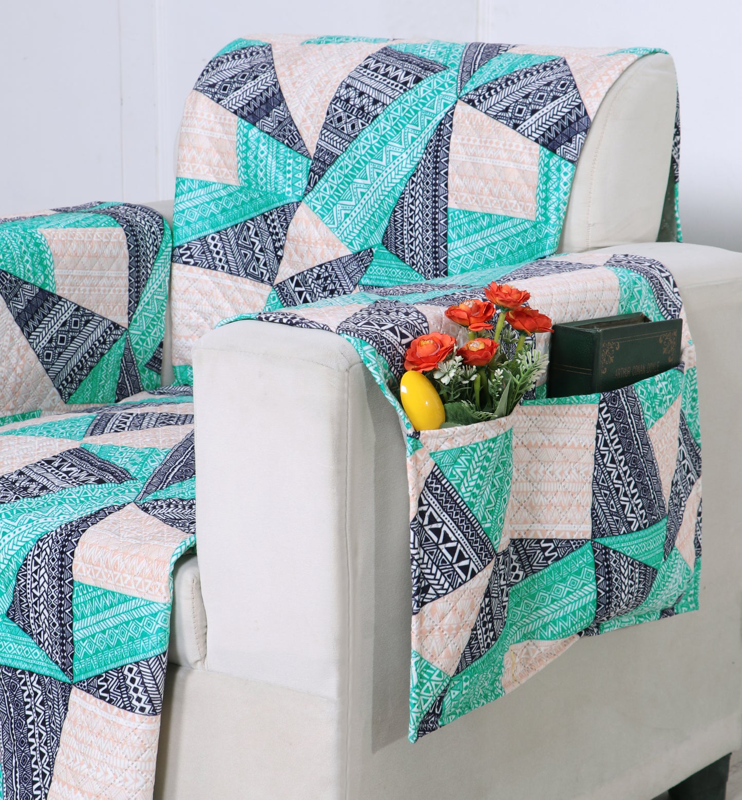 FABRIGAANZA Quilted Sofa Cover | Premium Armchair Protector with Anti-Slip Backing and Side Pockets, Soft & Washable Fabric | Ideal for Homes with Pets, Kids, Daily Use - Blue Geometric