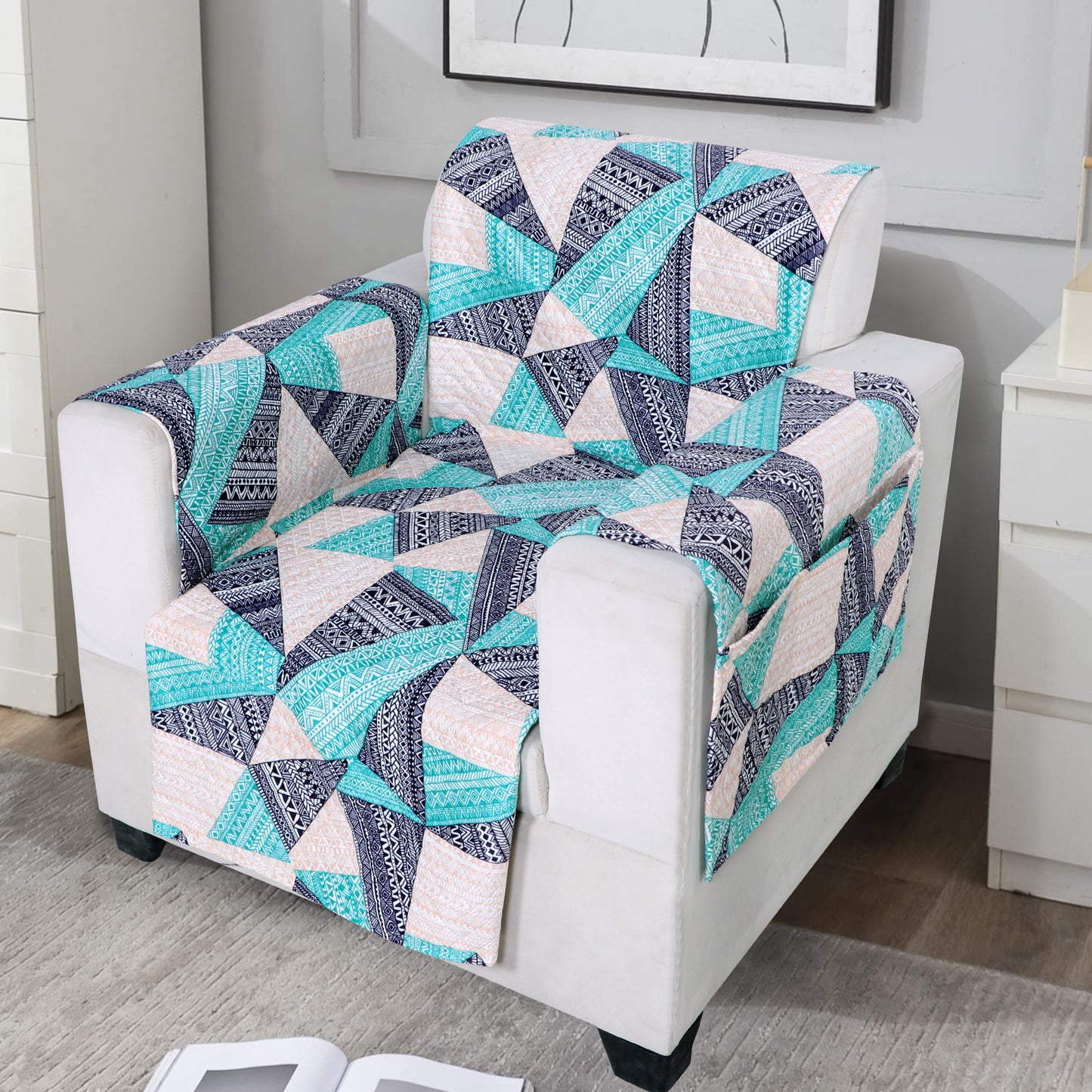 FABRIGAANZA Quilted Sofa Cover | Premium Armchair Protector with Anti-Slip Backing and Side Pockets, Soft & Washable Fabric | Ideal for Homes with Pets, Kids, Daily Use - Blue Geometric