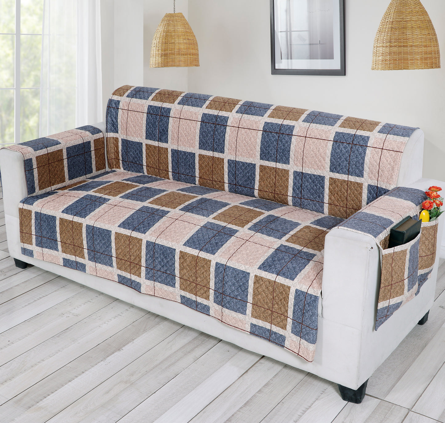 FABRIGAANZA Quilted Sofa Cover | Premium Armchair Protector with Anti-Slip Backing and Side Pockets, Soft & Washable Fabric | Ideal for Homes with Pets, Kids, Daily Use - Brown Check