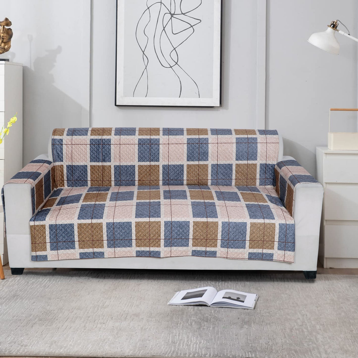 FABRIGAANZA Quilted Sofa Cover | Premium Armchair Protector with Anti-Slip Backing and Side Pockets, Soft & Washable Fabric | Ideal for Homes with Pets, Kids, Daily Use - Brown Check