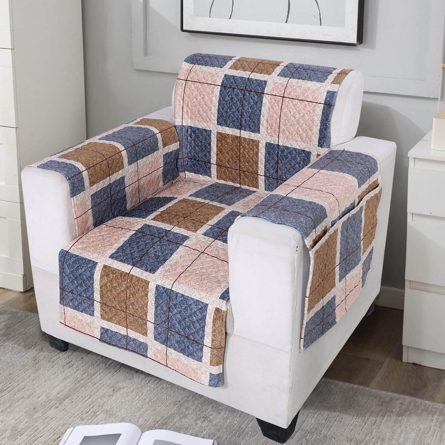 FABRIGAANZA Quilted Sofa Cover | Premium Armchair Protector with Anti-Slip Backing and Side Pockets, Soft & Washable Fabric | Ideal for Homes with Pets, Kids, Daily Use - Brown Check