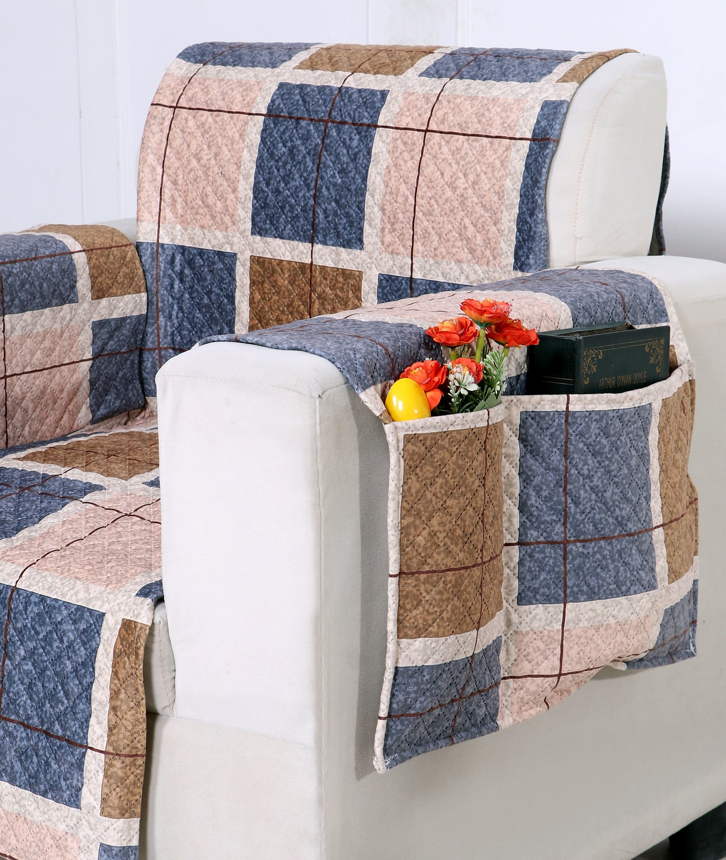 FABRIGAANZA Quilted Sofa Cover | Premium Armchair Protector with Anti-Slip Backing and Side Pockets, Soft & Washable Fabric | Ideal for Homes with Pets, Kids, Daily Use - Brown Check