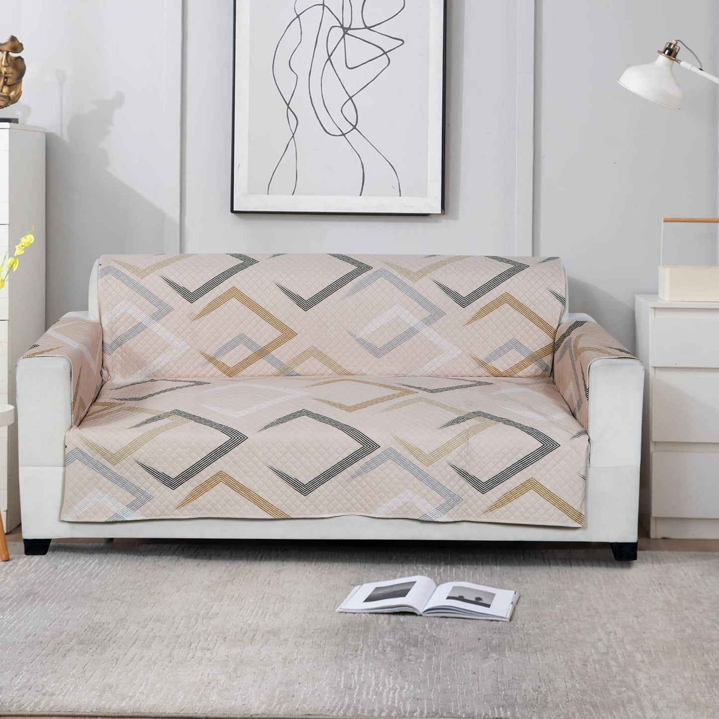 FABRIGAANZA Quilted Sofa Cover | Premium Armchair Protector with Anti-Slip Backing and Side Pockets, Soft & Washable Fabric | Ideal for Homes with Pets, Kids, Daily Use - Beige Abstract