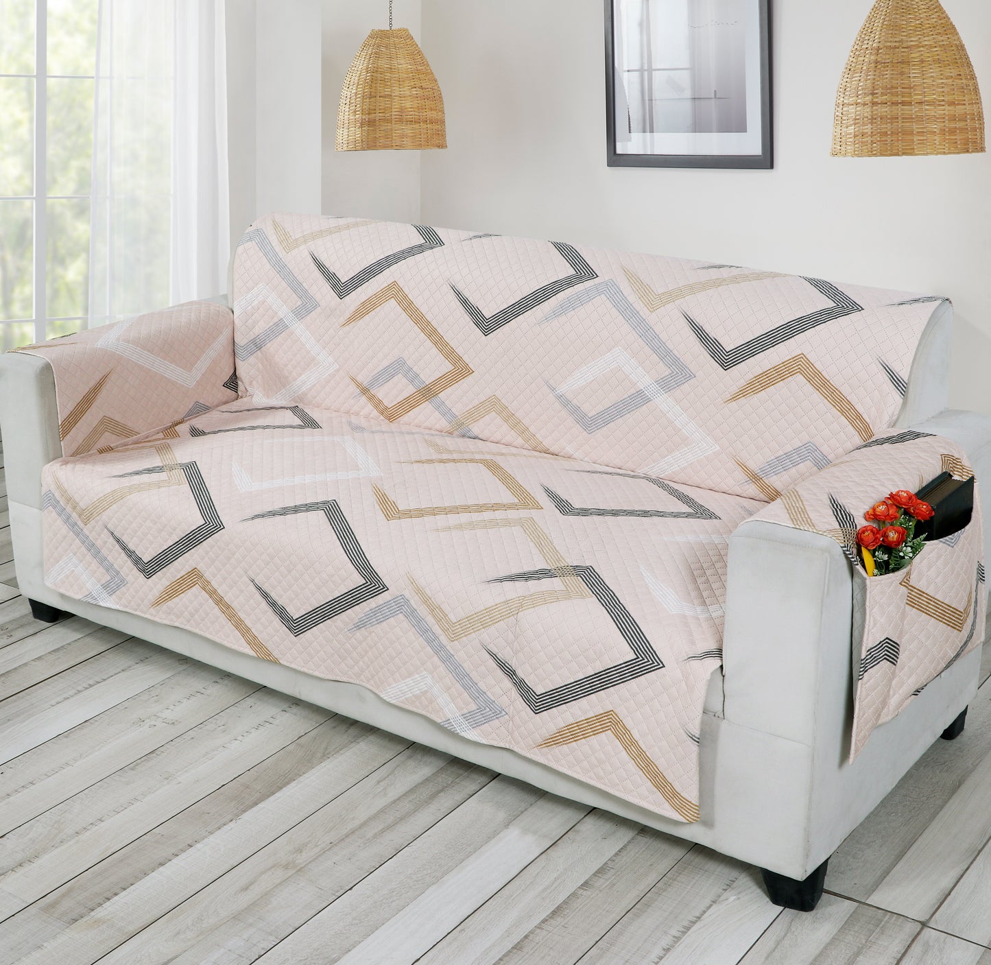 FABRIGAANZA Quilted Sofa Cover | Premium Armchair Protector with Anti-Slip Backing and Side Pockets, Soft & Washable Fabric | Ideal for Homes with Pets, Kids, Daily Use - Beige Abstract