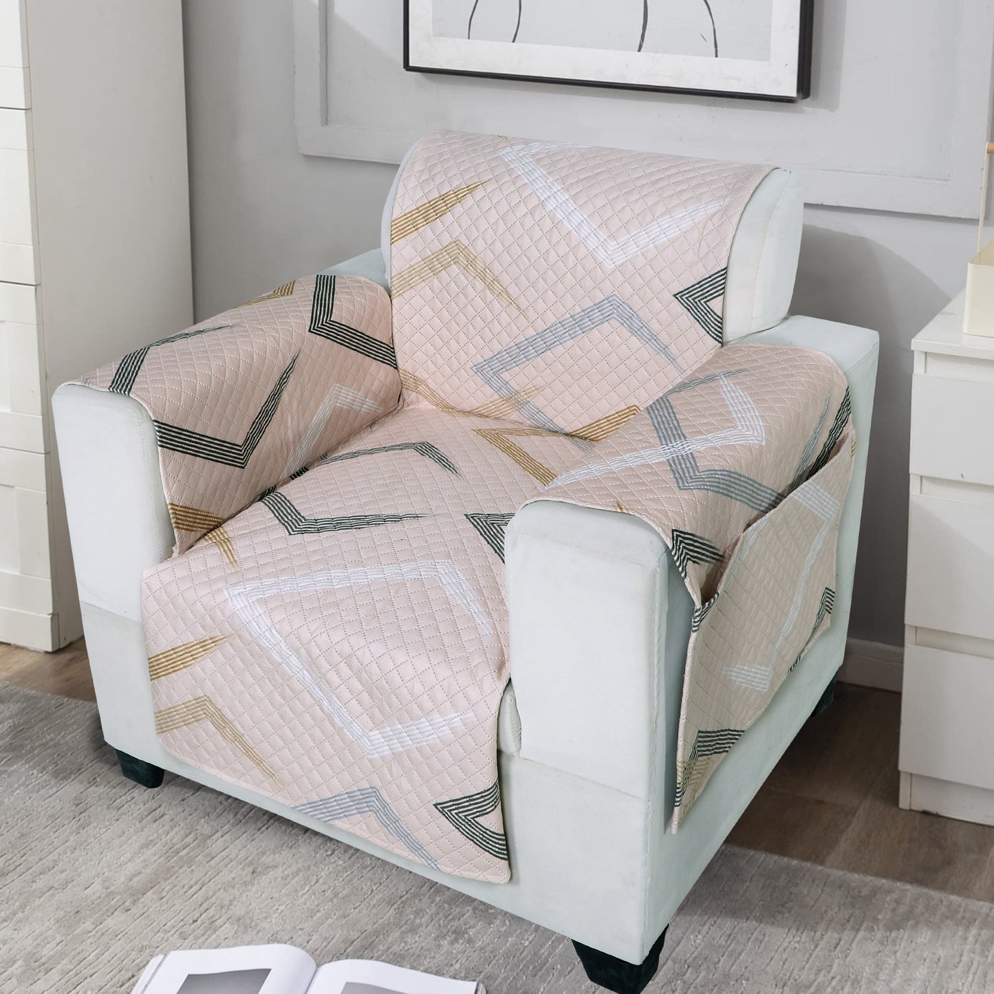 FABRIGAANZA Quilted Sofa Cover | Premium Armchair Protector with Anti-Slip Backing and Side Pockets, Soft & Washable Fabric | Ideal for Homes with Pets, Kids, Daily Use - Beige Abstract