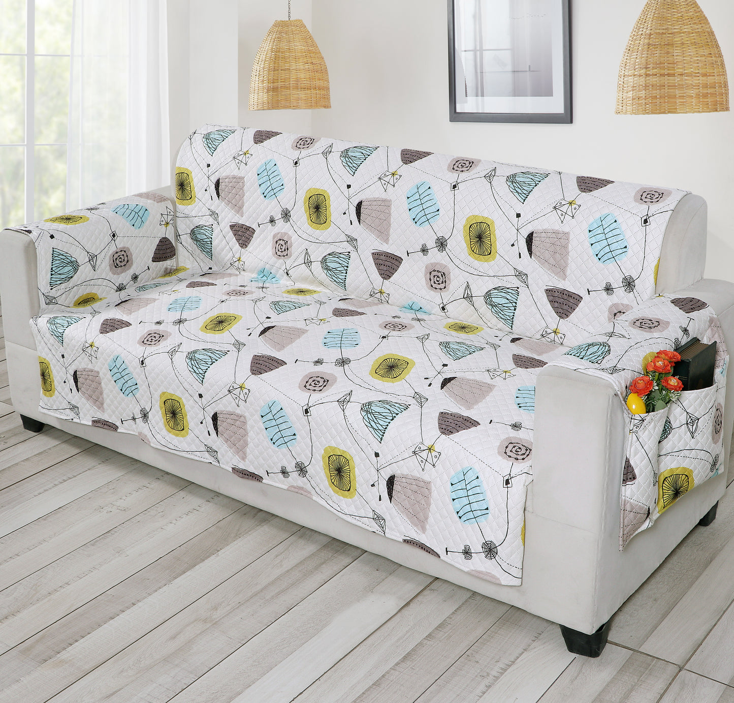 FABRIGAANZA Quilted Sofa Cover | Premium Armchair Protector with Anti-Slip Backing and Side Pockets, Soft & Washable Fabric | Ideal for Homes with Pets, Kids, Daily Use - White Floral